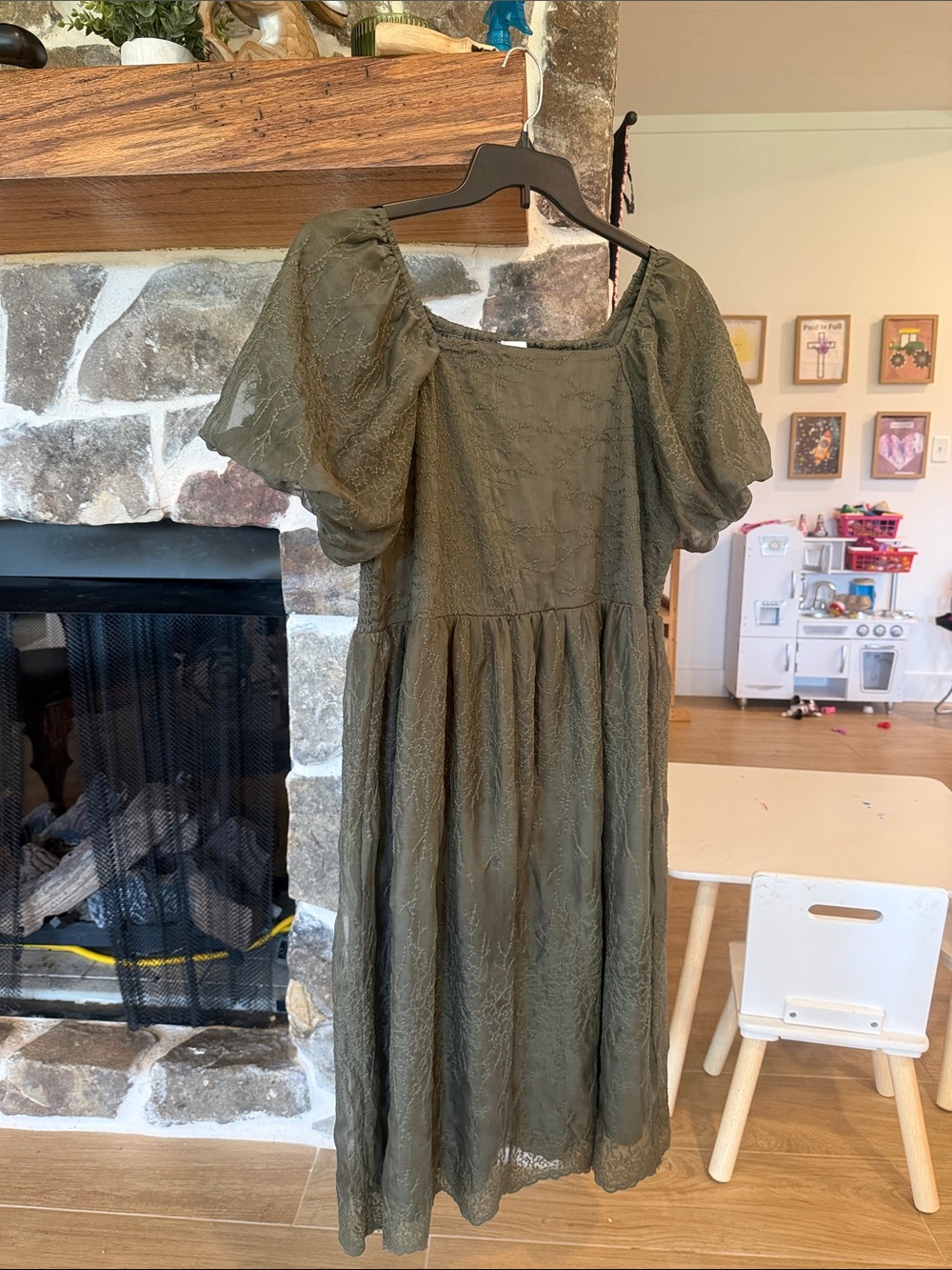 bohme Olive Lace Puff Sleeve Midi Dress